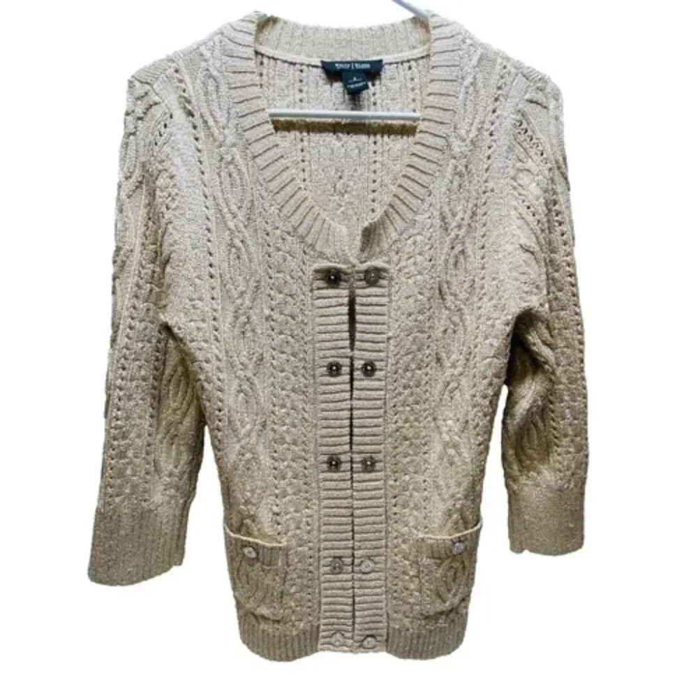White House Black Market‎ Cardigan Sweater Women's Small Gold Metallic Knit EUC